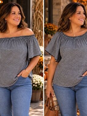 Lane Bryant Gingham Off Shoulder Top 18/20 Black White Flutter Sleeve‎ Blouse